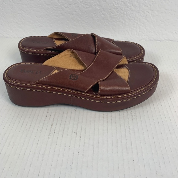 Born Criss Cross Leather Platform Wedge Sandal Womens 8M Brown Open Toe Slip On - Picture 4 of 13